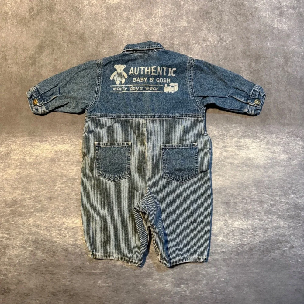 Vintage Baby B Gosh OshKosh Denim Hickory Stripe Romper Jumpsuit 3/6 Months 7612